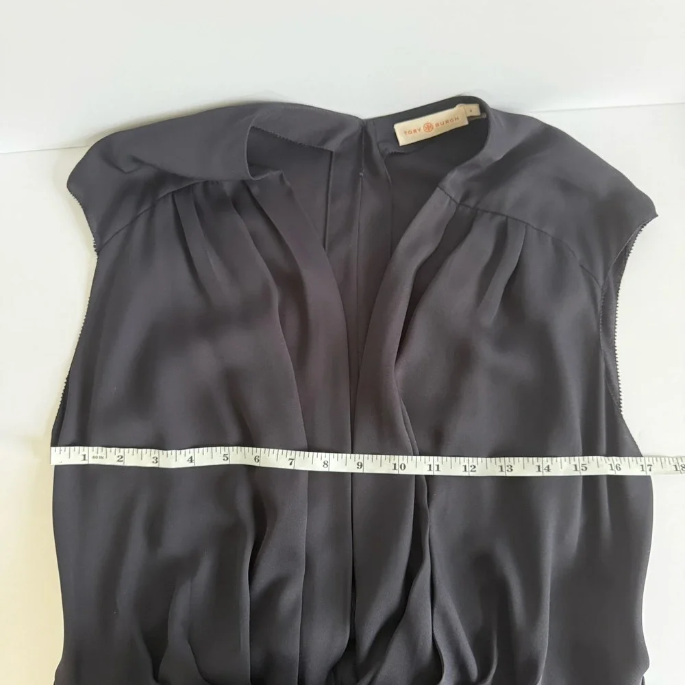 Tory Burch Deep V Neck Asymmetric Midi Wrap Dress 4 Navy Wedding Cocktail Career
